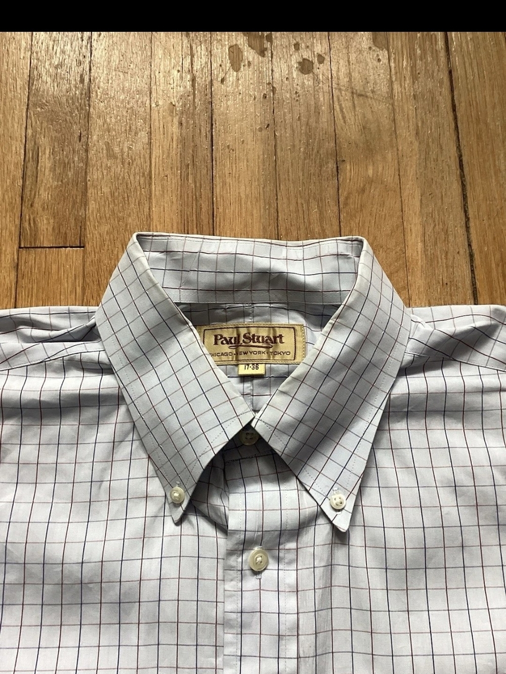 Luxe Paul Stuart Men's 17-36 Light Blue/Brown Checkered Dress Shirt,Cotton